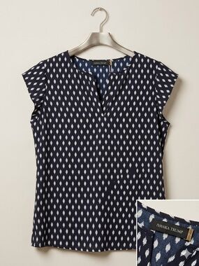 Ivanka Trump Navy and White Dot Cap-Sleeve Blouse